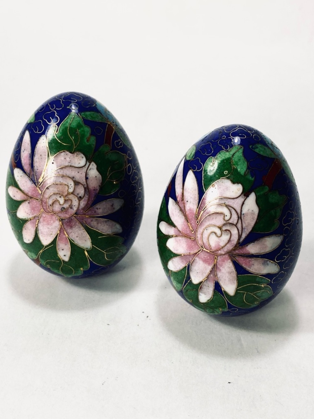 Pair of Cloisonné Floral Eggs Bronze Enamel Figurines - Blue, Pink & Green
